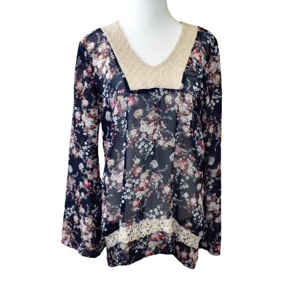 About A Girl Tops - Sheer Floral Top with Lace Flare Sleeve Size Small by About A Girl